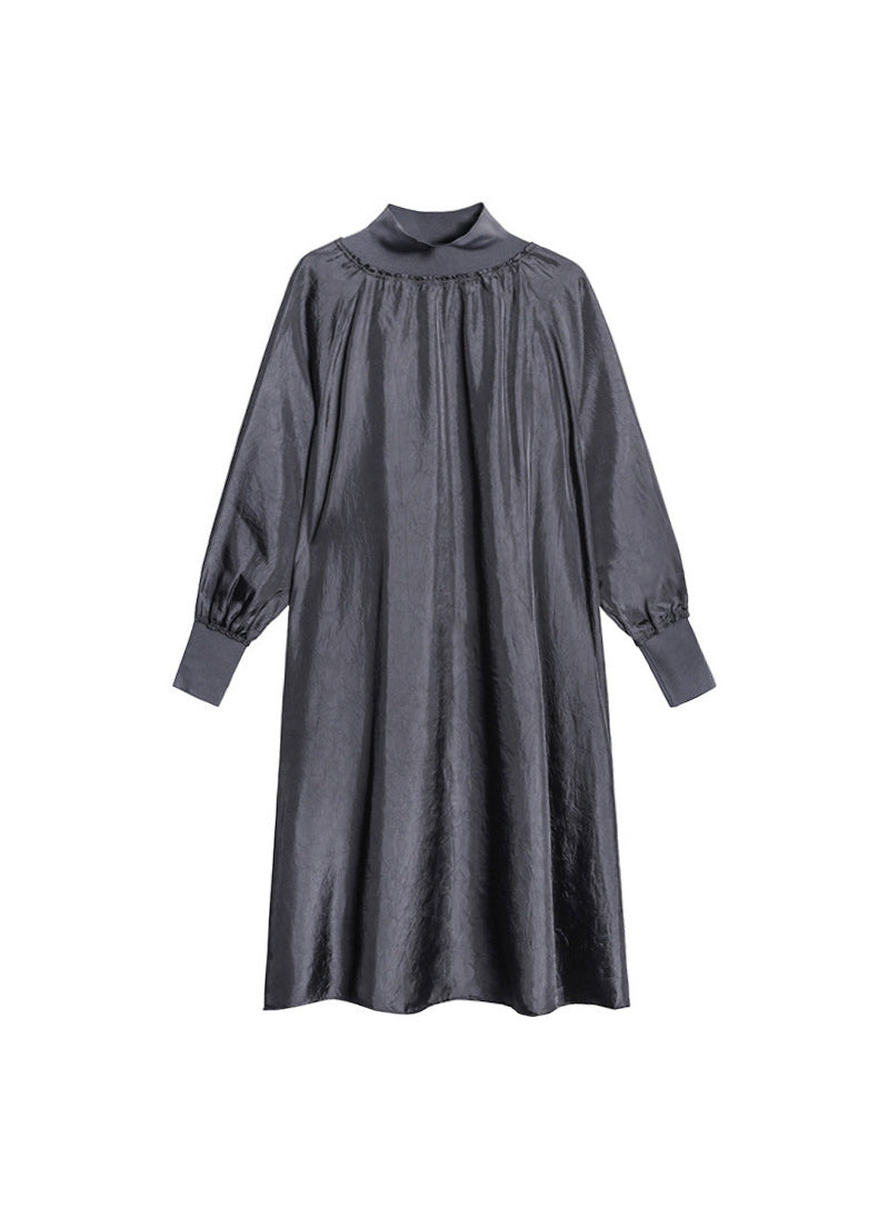 Mock Neck Balloon Sleeve Smocked Cuff Radiate Pleat Oversized Maxi Dress 5