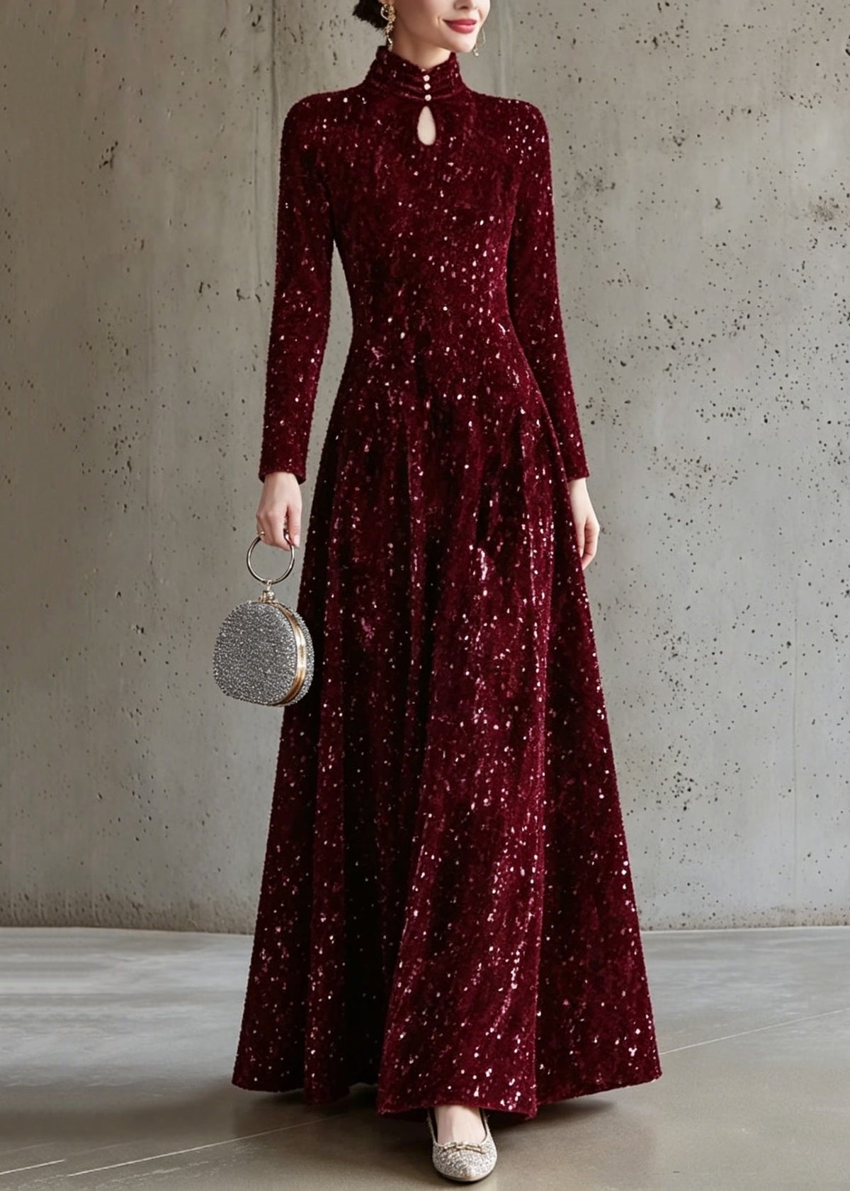 Mock Neck Keyhole Sequin Velvet Long Sleeve A-Line Gown