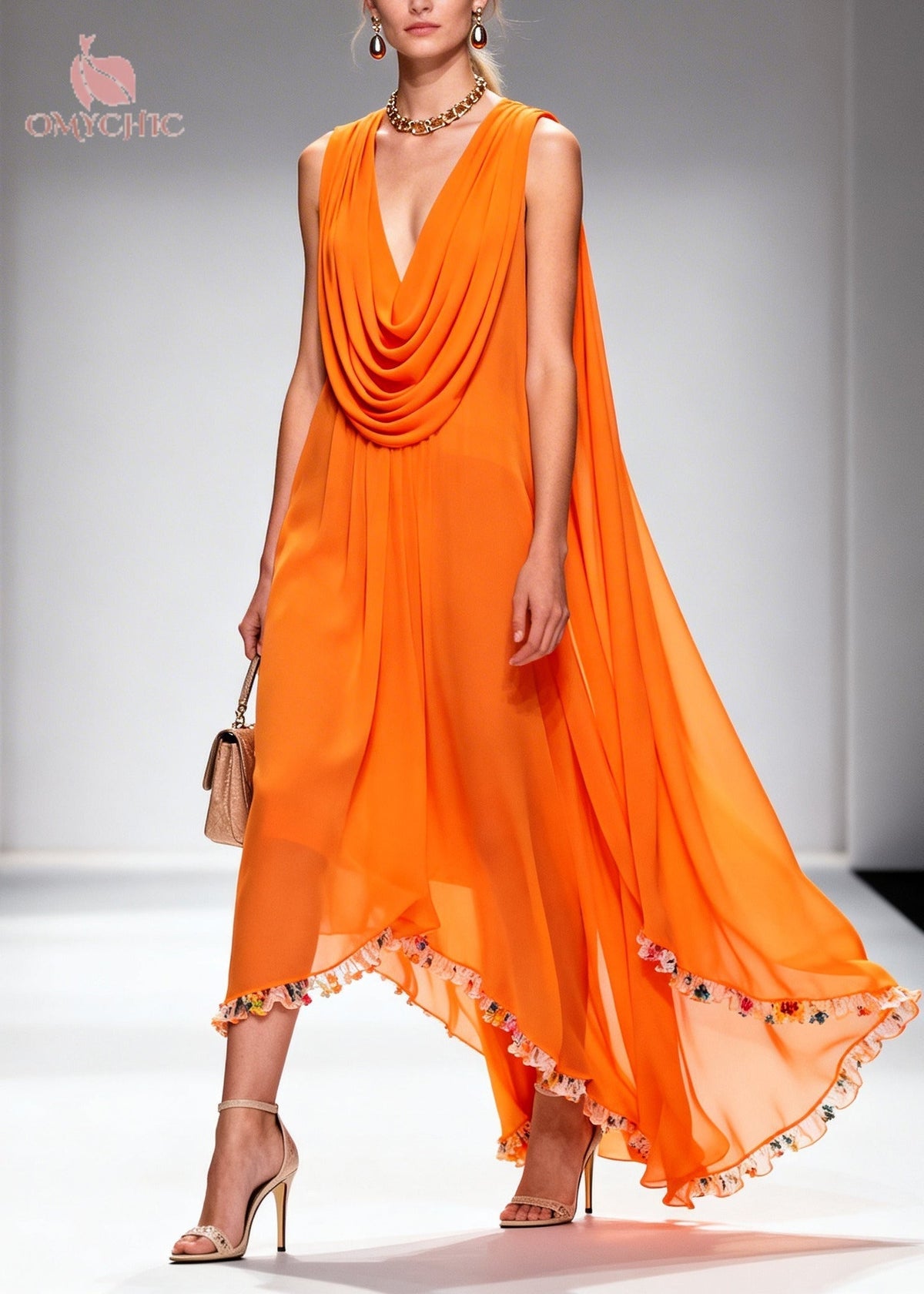 Cowl Neck Sleeveless Floral Trim Asymmetrical Hi-Low Train Maxi Gown