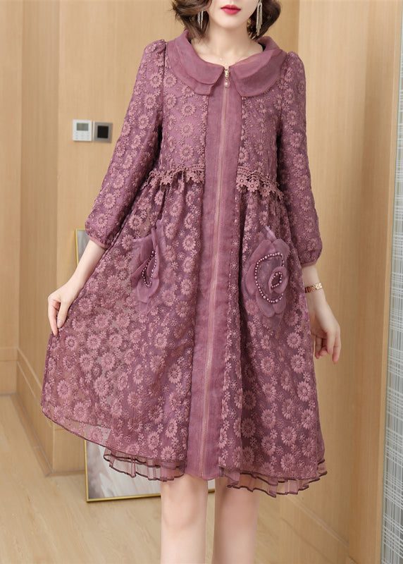Peter Pan Collar Zip Front Pearl Rosette Lace A-Line Midi Dress
