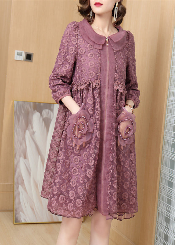 Peter Pan Collar Zip Front Pearl Rosette Lace A-Line Midi Dress 2