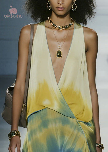 Sleeveless Plunging V-Neck Wrap Tie-Dye Chiffon High-Slit Maxi Dress 2