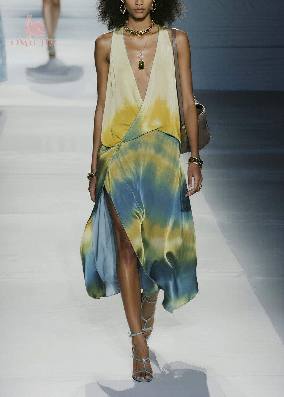Sleeveless Plunging V-Neck Wrap Tie-Dye Chiffon High-Slit Maxi Dress 3