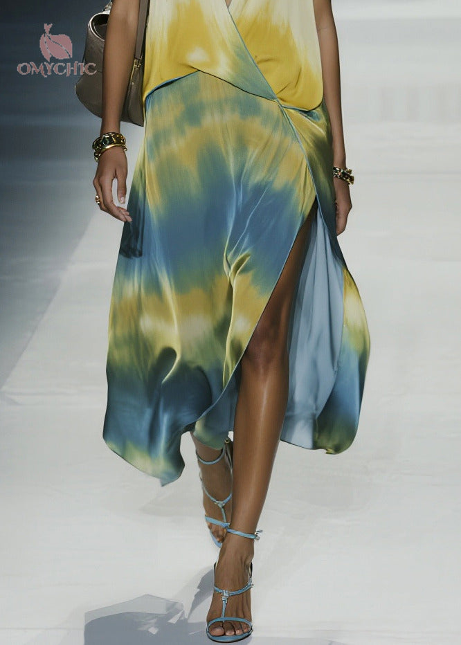 Sleeveless Plunging V-Neck Wrap Tie-Dye Chiffon High-Slit Maxi Dress 4