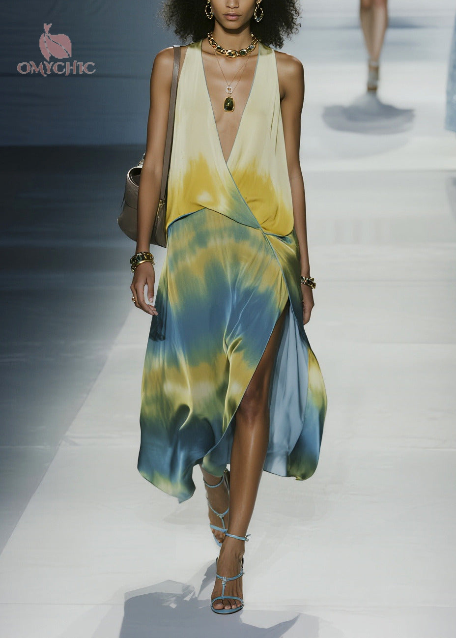 Sleeveless Plunging V-Neck Wrap Tie-Dye Chiffon High-Slit Maxi Dress 5
