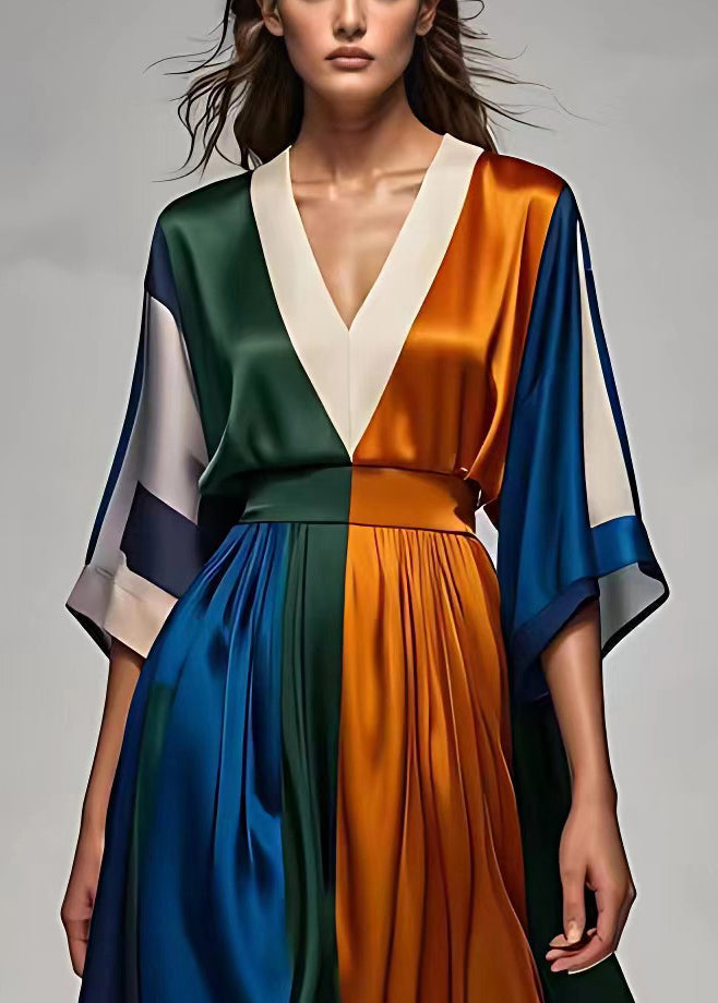 Plunging V-Neck Kimono Sleeve Colorblock Pleated Satin Maxi Dress 2
