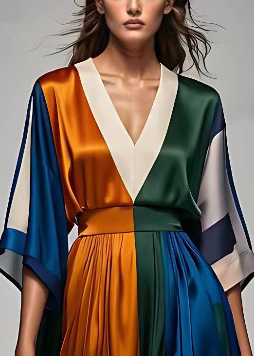 Plunging V-Neck Kimono Sleeve Colorblock Pleated Satin Maxi Dress 3