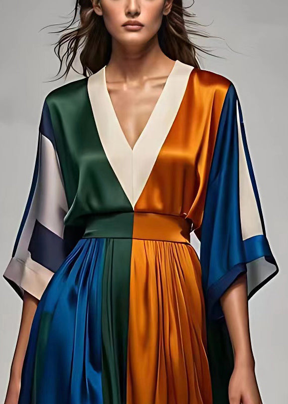 Plunging V-Neck Kimono Sleeve Colorblock Pleated Satin Maxi Dress 4