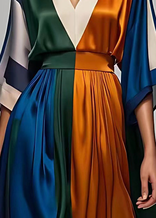 Plunging V-Neck Kimono Sleeve Colorblock Pleated Satin Maxi Dress 5