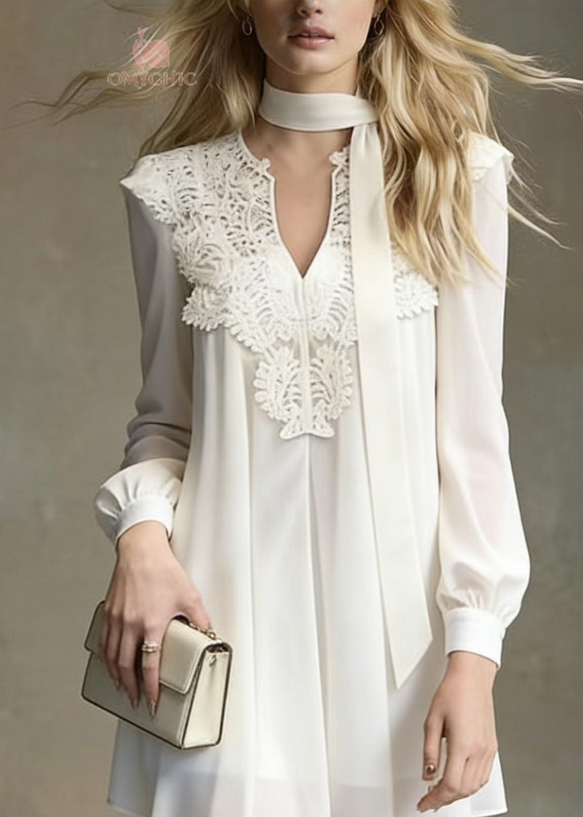 Deep V-Neck Lace Applique Neck Scarf Tie Bishop Sleeve Mini Dress 2