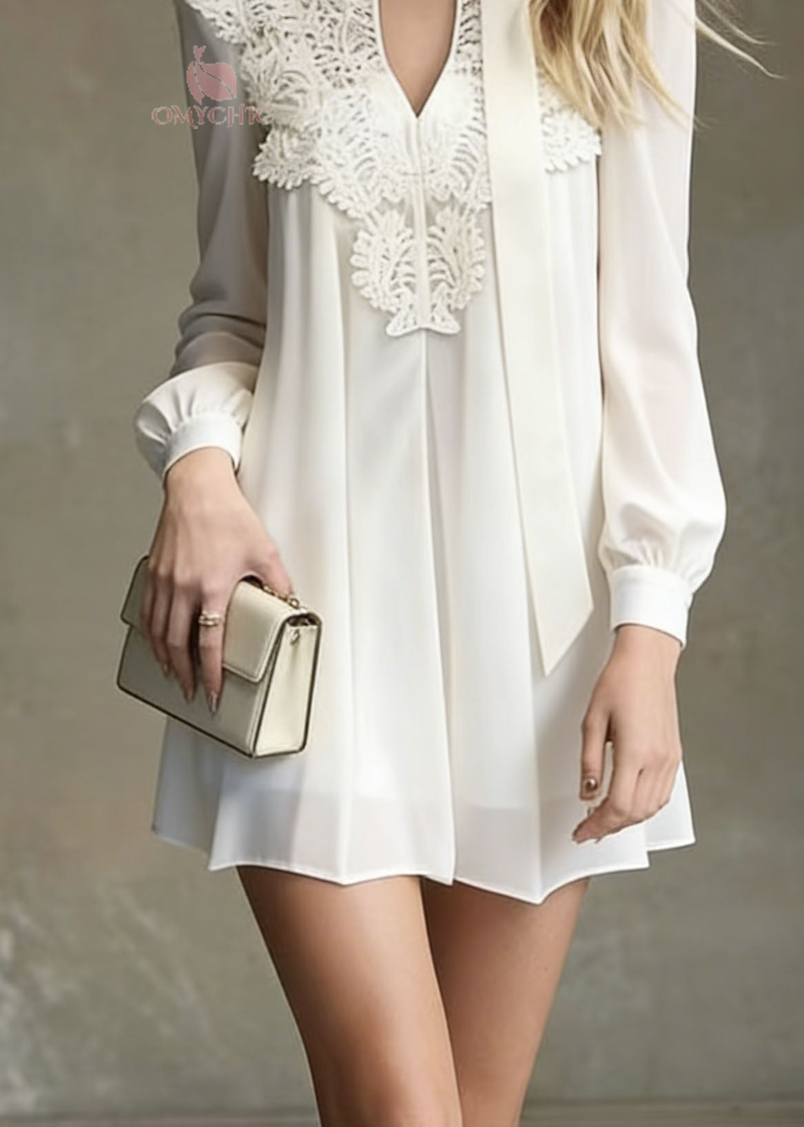 Deep V-Neck Lace Applique Neck Scarf Tie Bishop Sleeve Mini Dress 4