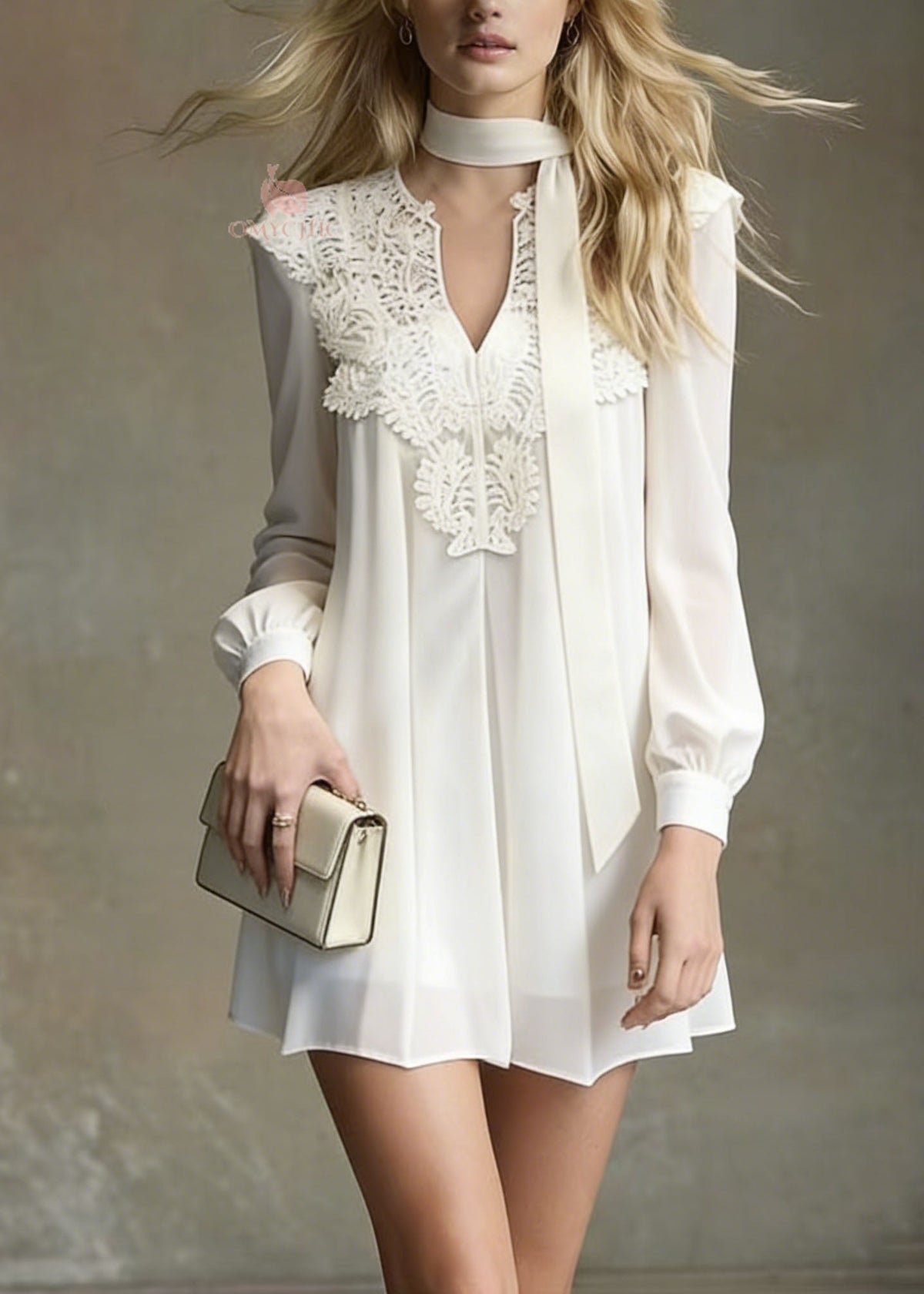 Deep V-Neck Lace Applique Neck Scarf Tie Bishop Sleeve Mini Dress 5