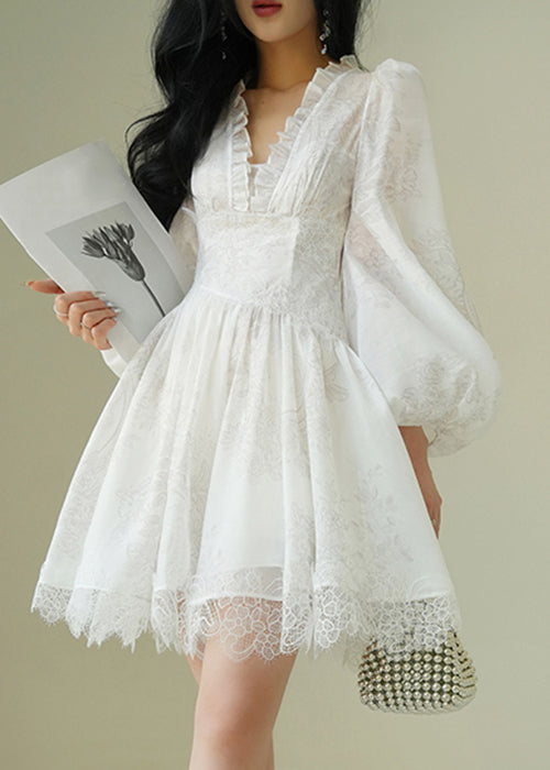 Deep V Neck Puff Sleeve Jacquard Floral Lace Trim A Line Mini Dress