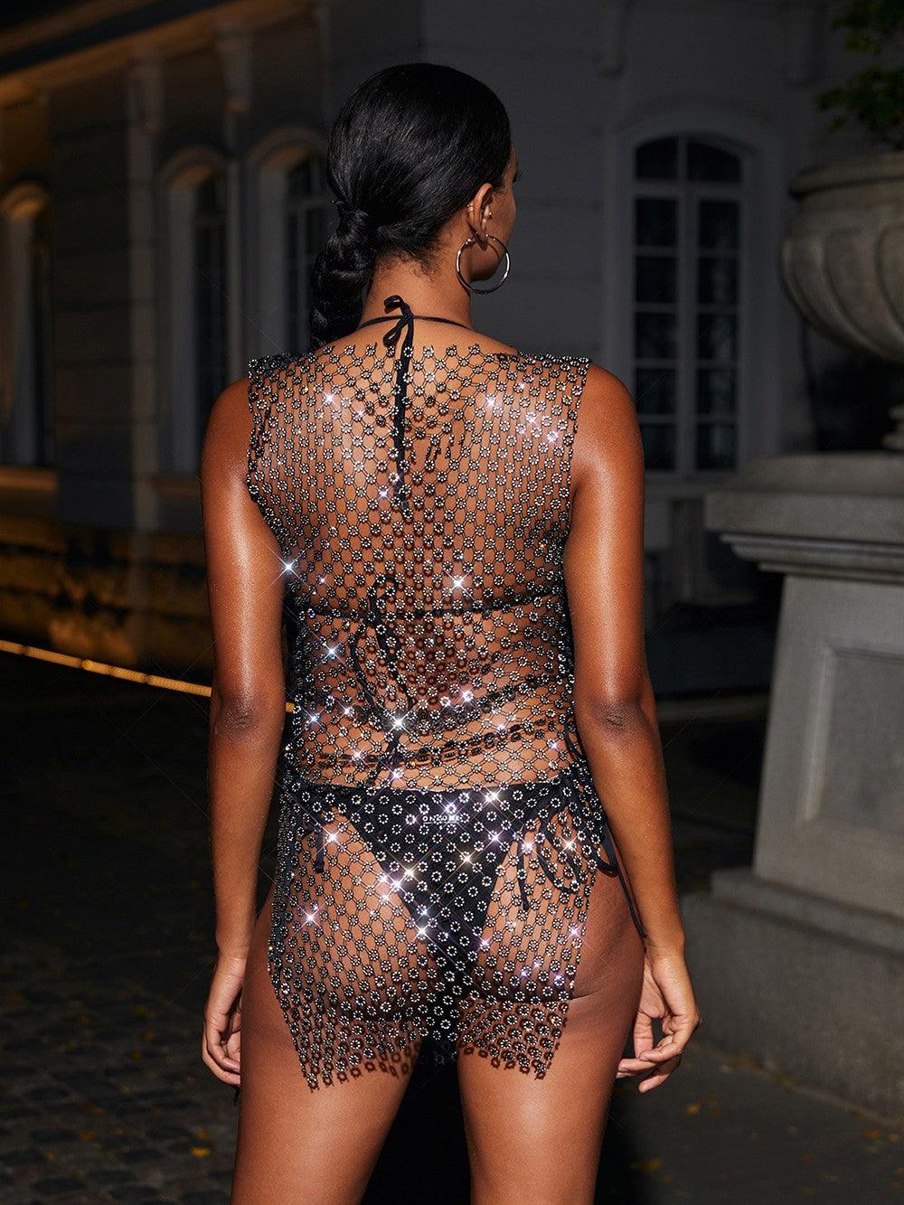 Mock Neck Rhinestone Mesh Side Tie Bodycon Mini Dress 5