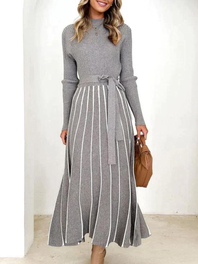 Mock Neck Long Sleeve Rib Knit Tie Waist Striped Flared Midi Dress