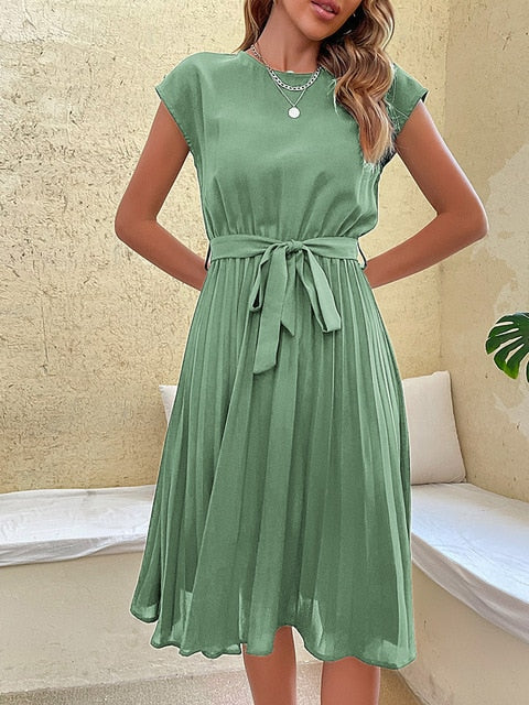 Cap Sleeve Tie Waist Accordion Pleat Midi Dress 8