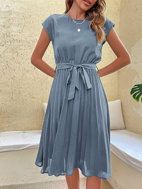 Cap Sleeve Tie Waist Accordion Pleat Midi Dress 5