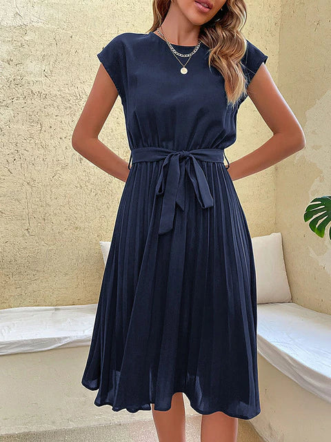Cap Sleeve Tie Waist Accordion Pleat Midi Dress 9