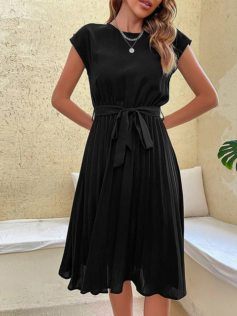 Cap Sleeve Tie Waist Accordion Pleat Midi Dress 4