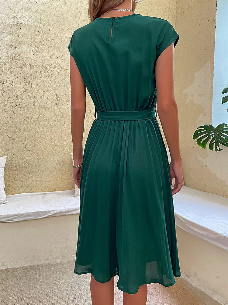 Cap Sleeve Tie Waist Accordion Pleat Midi Dress 3