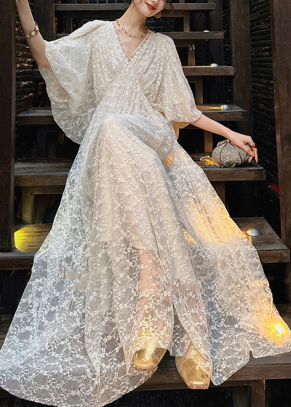 Deep V Neck Beaded Trim Puff Sleeve Floral Burnout Lace Maxi Dress 2