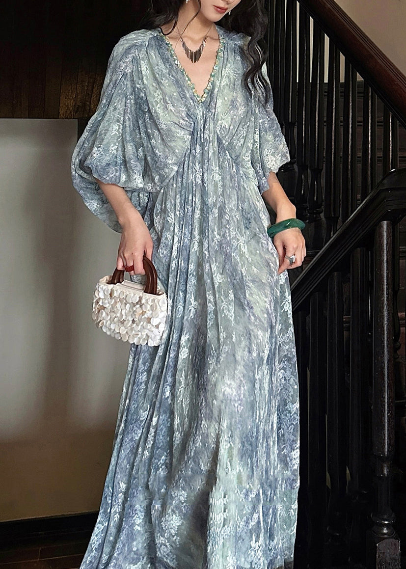 Deep V Neck Beaded Trim Puff Sleeve Floral Burnout Lace Maxi Dress 4