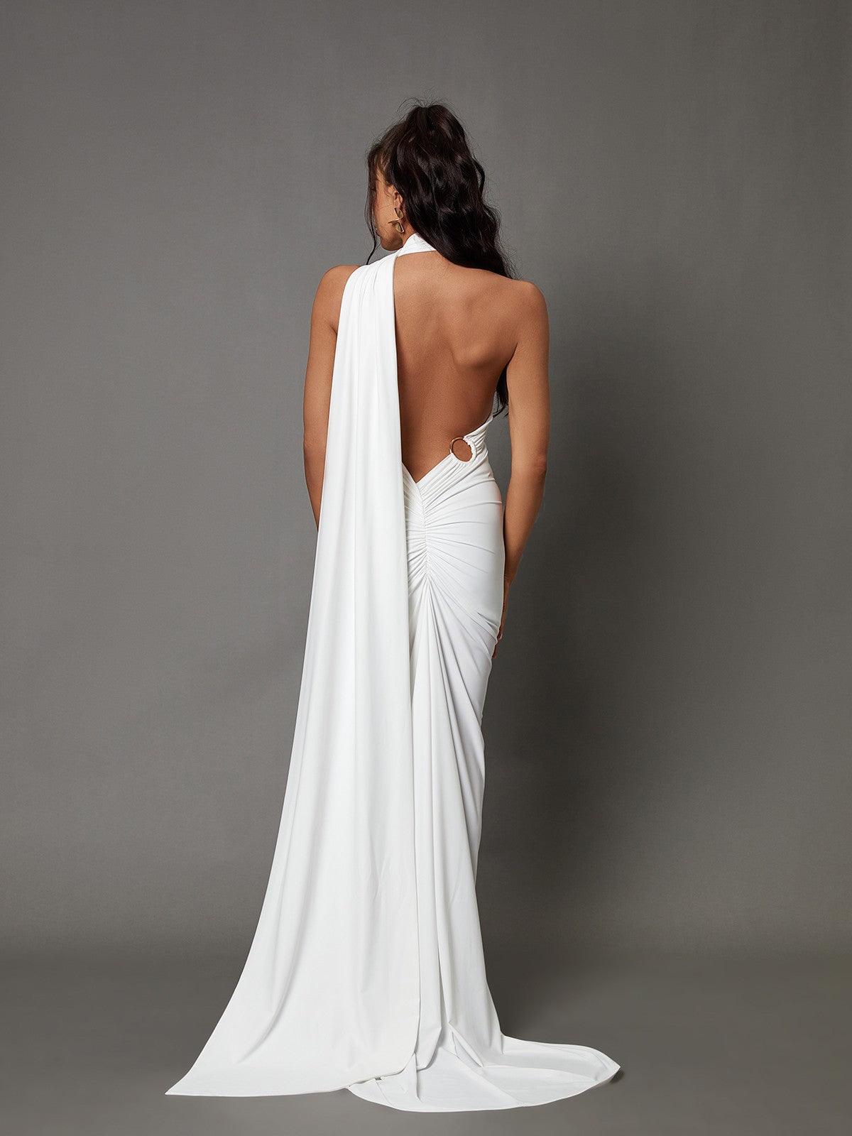 Halter Backless Draped Panel O-Ring Detail Ruched Column Maxi Dress