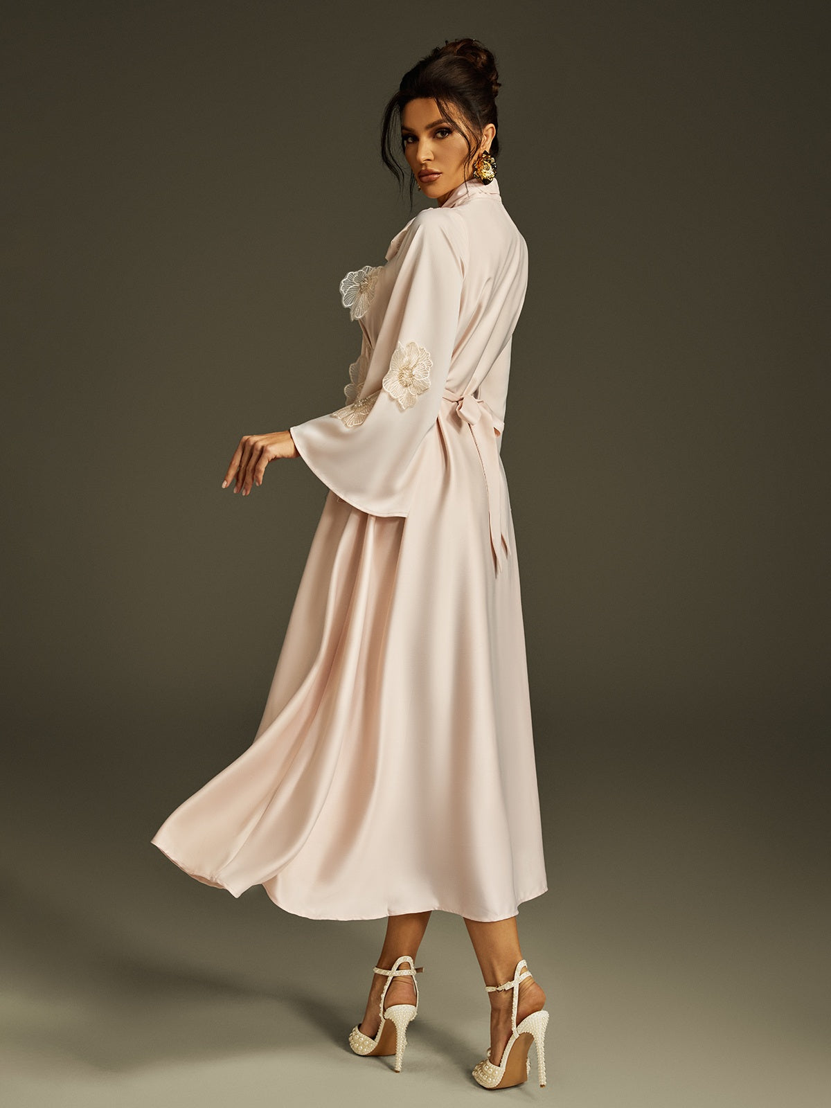 Pussy Bow Bell Sleeve 3D Lace Floral Applique Satin Midi Dress 6