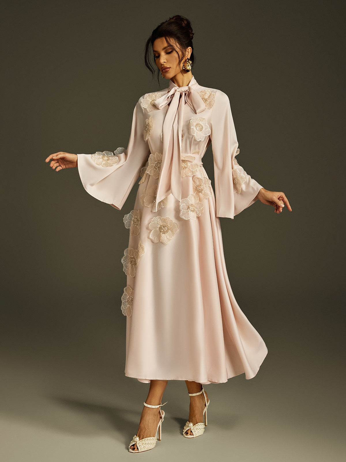 Pussy Bow Bell Sleeve 3D Lace Floral Applique Satin Midi Dress 5