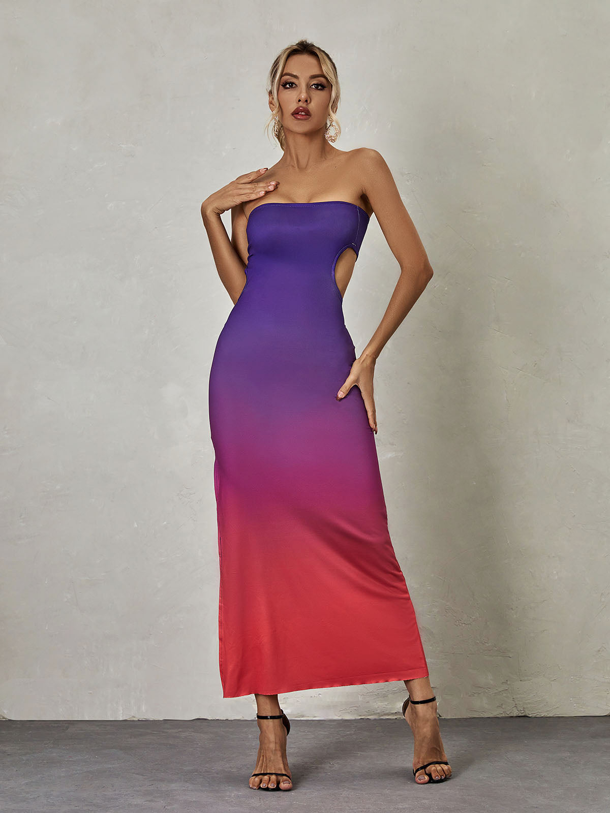 Strapless Waist Cutout Ombre Bodycon Maxi Dress