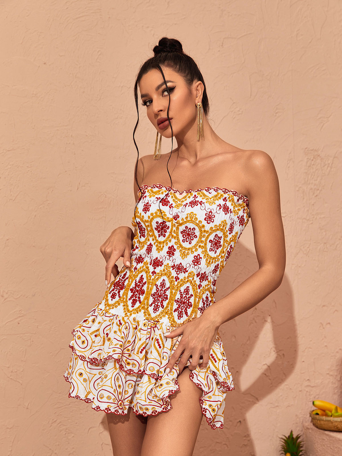 Strapless Shirred Embroidered Medallion Tiered Bubble Ruffle Mini Dress 2