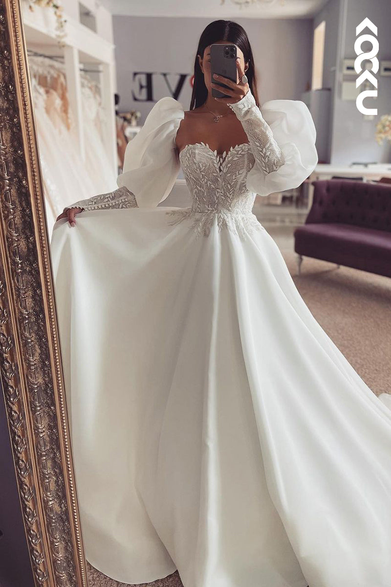 K996 - A-Line Sweetheart Satin Appliques Long Sleeves Wedding Dress