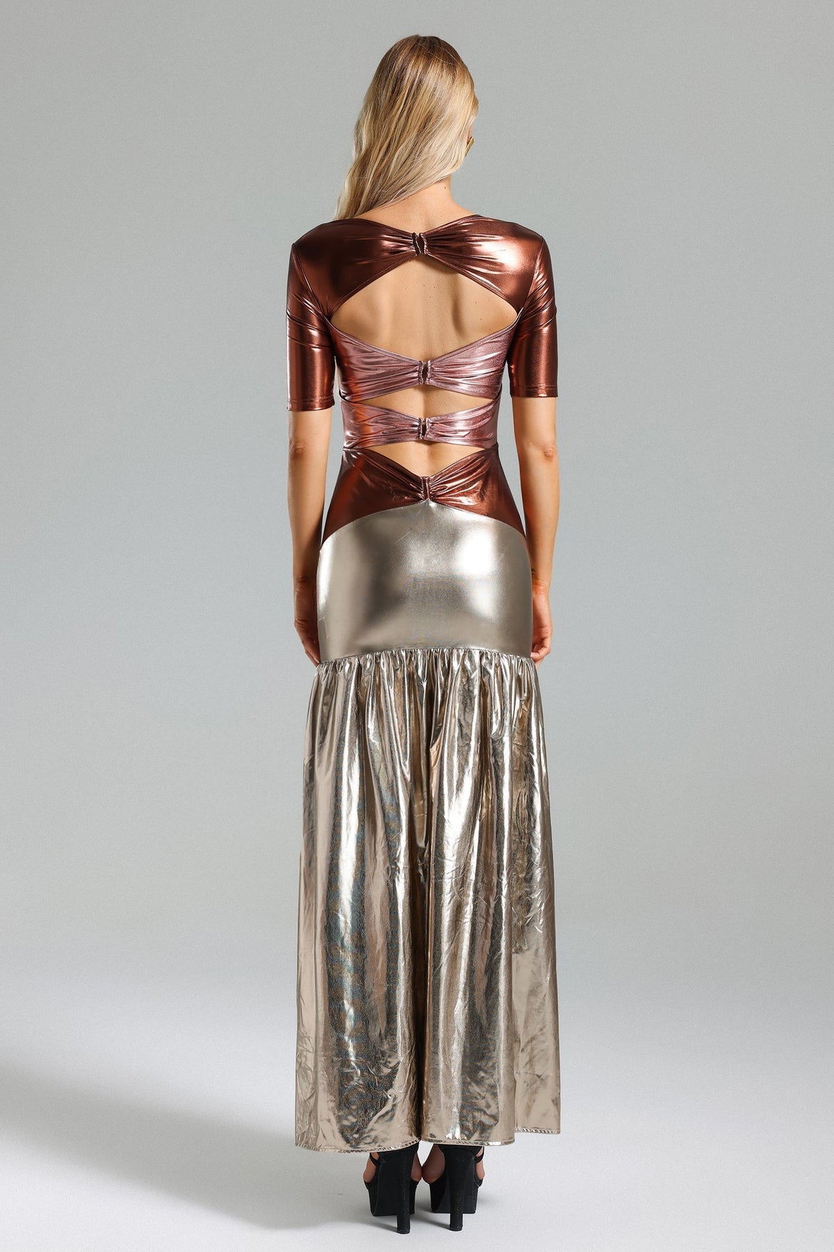Short Sleeve Ruched Buckle Cutout Metallic Mermaid Maxi Dress 7