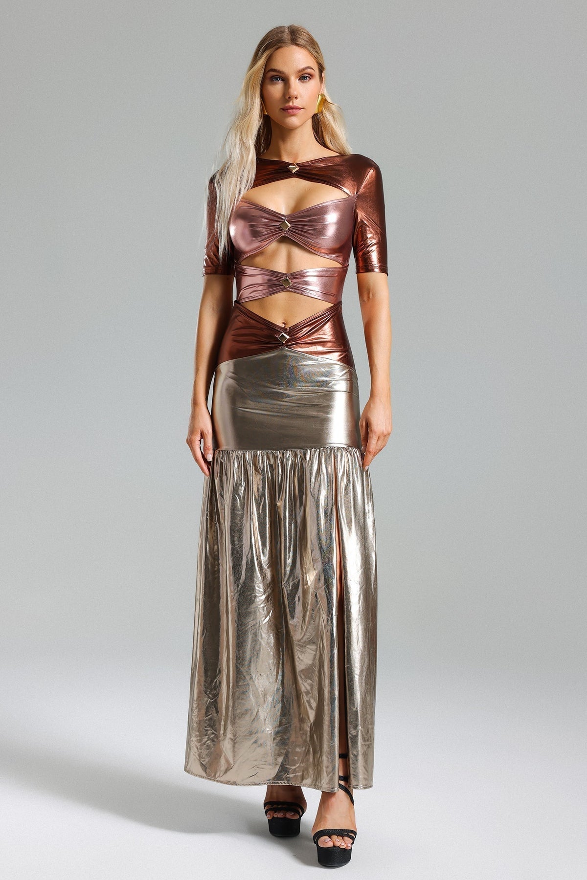Short Sleeve Ruched Buckle Cutout Metallic Mermaid Maxi Dress 2