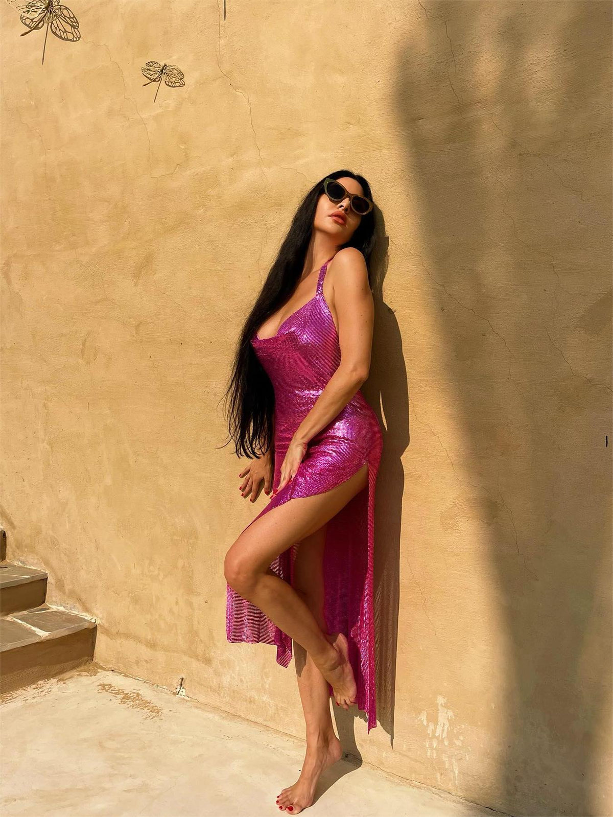 Backless High Slit Draped Metallic Mesh Chainmail Maxi Dress 2