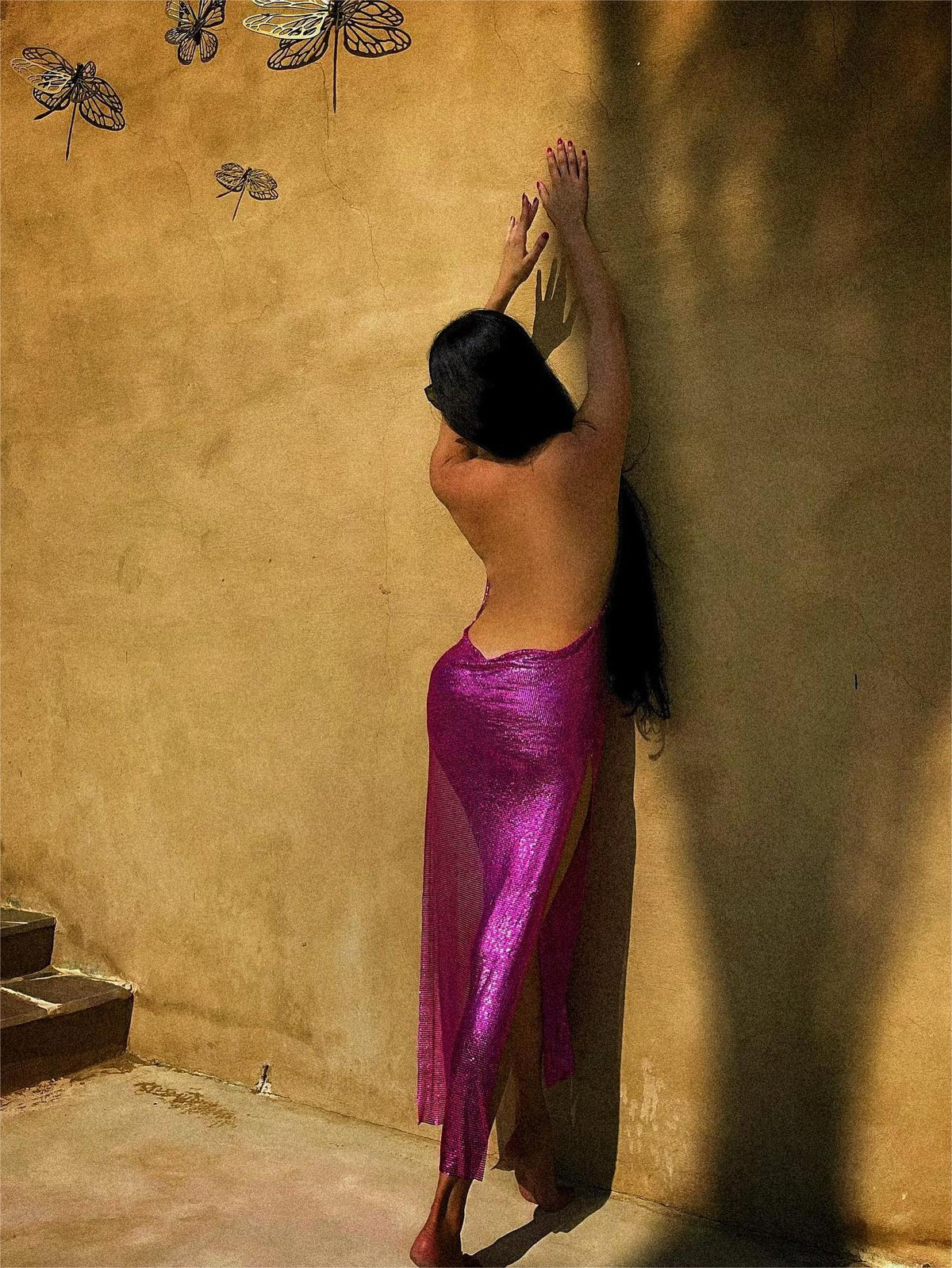 Backless High Slit Draped Metallic Mesh Chainmail Maxi Dress 3