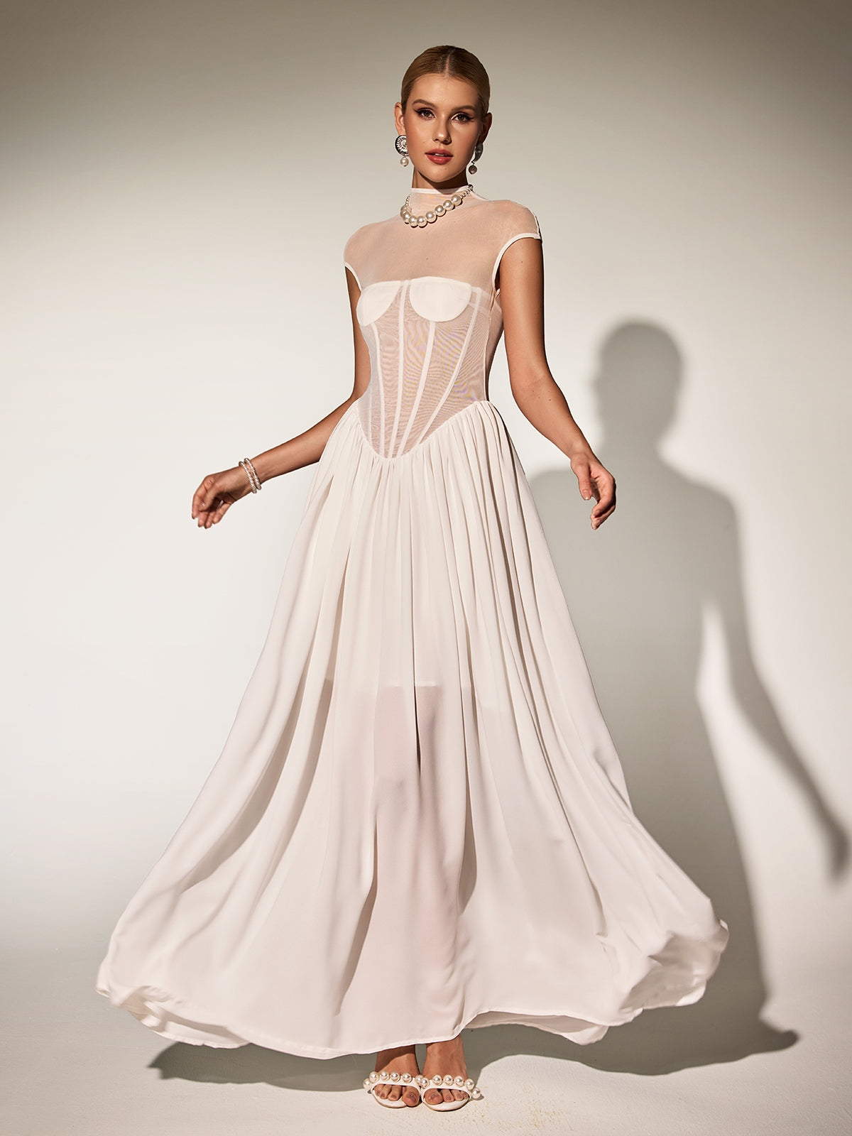 Mock Neck Mesh Corset Basque Waist Pleated Maxi Dress