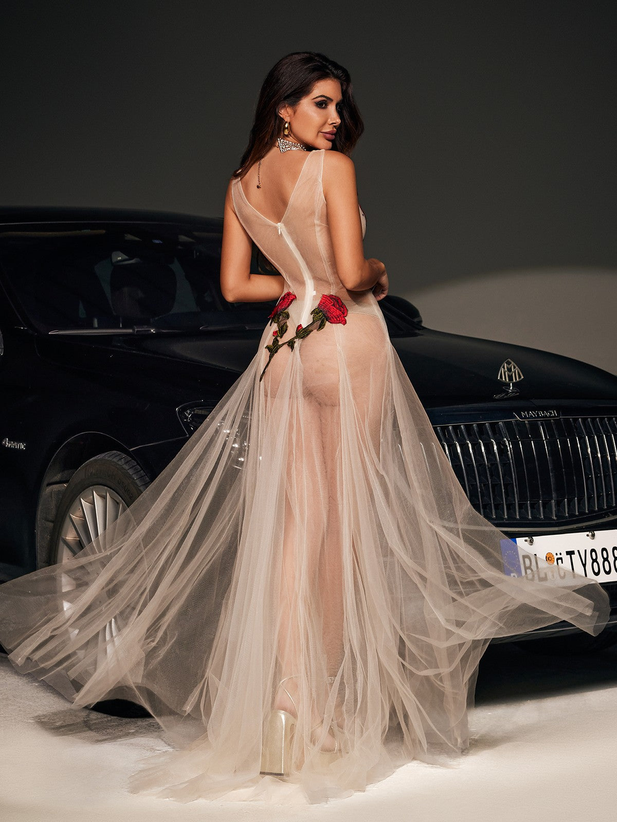 V Neck Spaghetti Strap Floral Embroidered Mesh Tulle Maxi Dress 6
