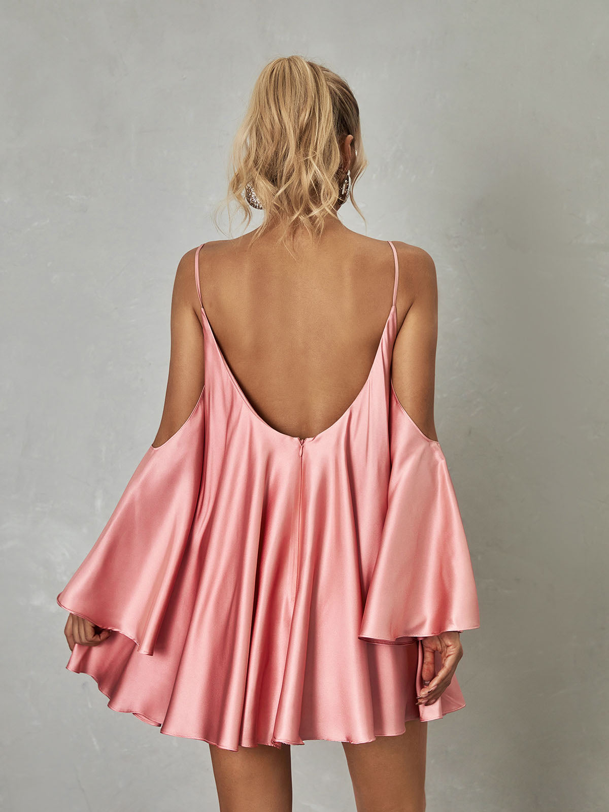 Cold Shoulder Spaghetti Strap Tiered Bell Sleeve Satin Mini Dress 5