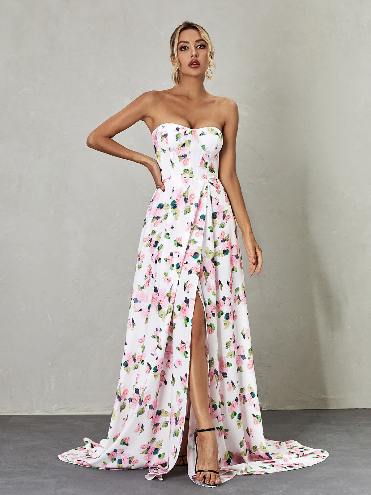 Strapless Corset Sweetheart Floral Print High Slit Maxi Dress