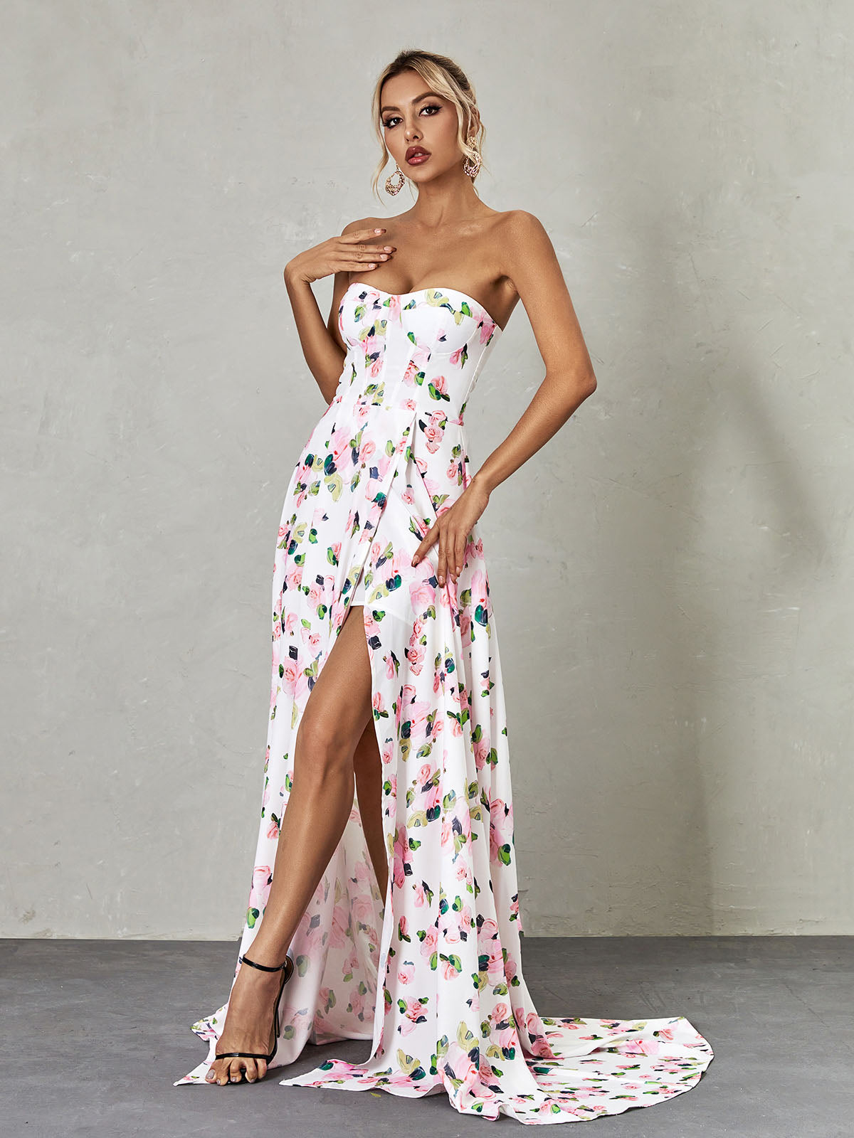 Strapless Corset Sweetheart Floral Print High Slit Maxi Dress 2