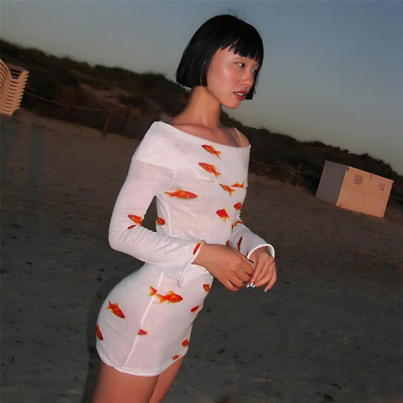 Asymmetric Off Shoulder One Sleeve Koi Fish Print Mesh Bodycon Mini Dress 2