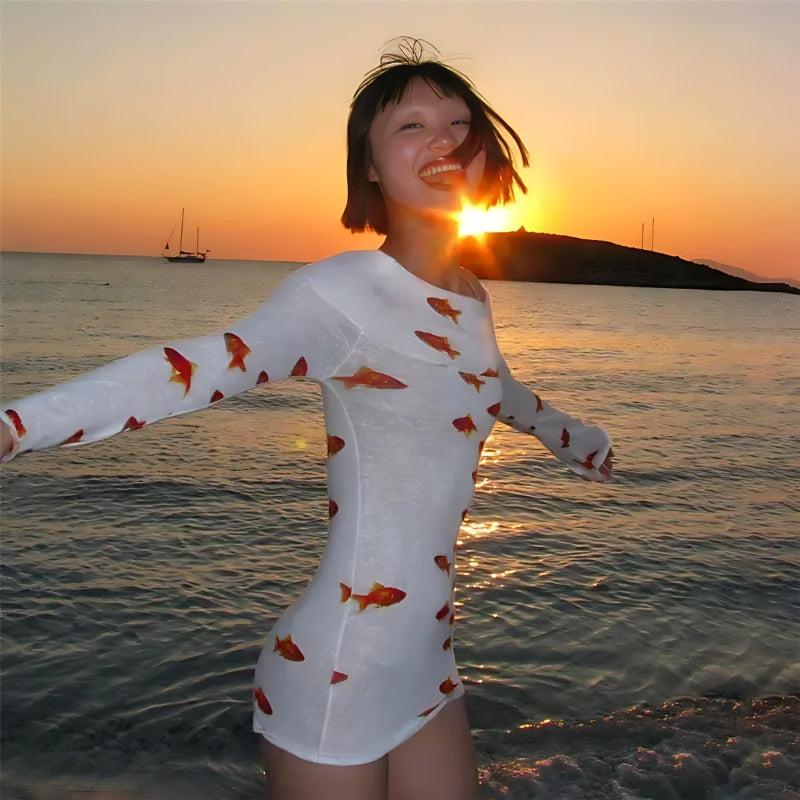 Asymmetric Off Shoulder One Sleeve Koi Fish Print Mesh Bodycon Mini Dress 3