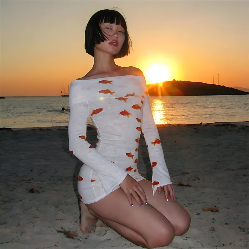 Asymmetric Off Shoulder One Sleeve Koi Fish Print Mesh Bodycon Mini Dress 4