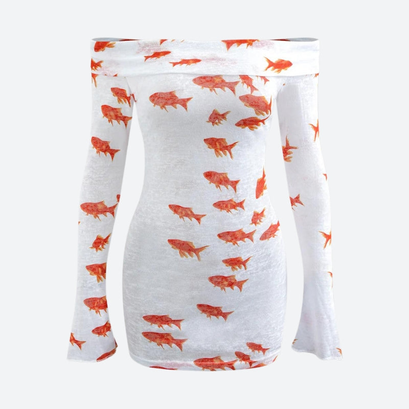 Asymmetric Off Shoulder One Sleeve Koi Fish Print Mesh Bodycon Mini Dress 5