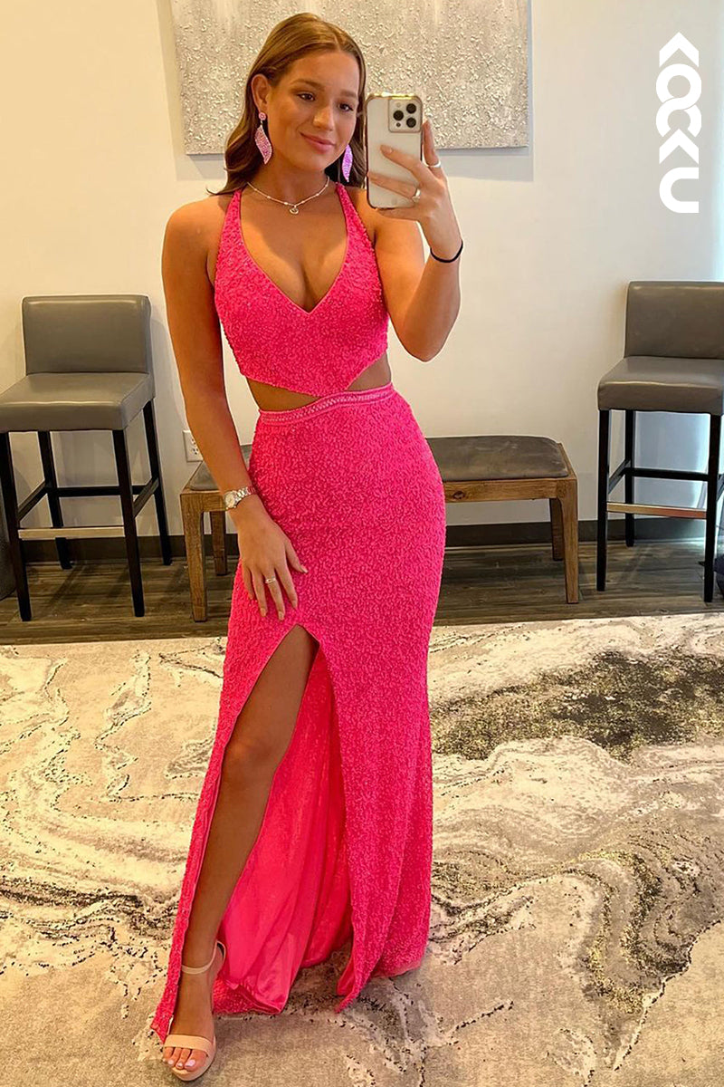 L1382 - V-Neck Sequined Cut Outs Criss-Cross Straps Long Prom Dress