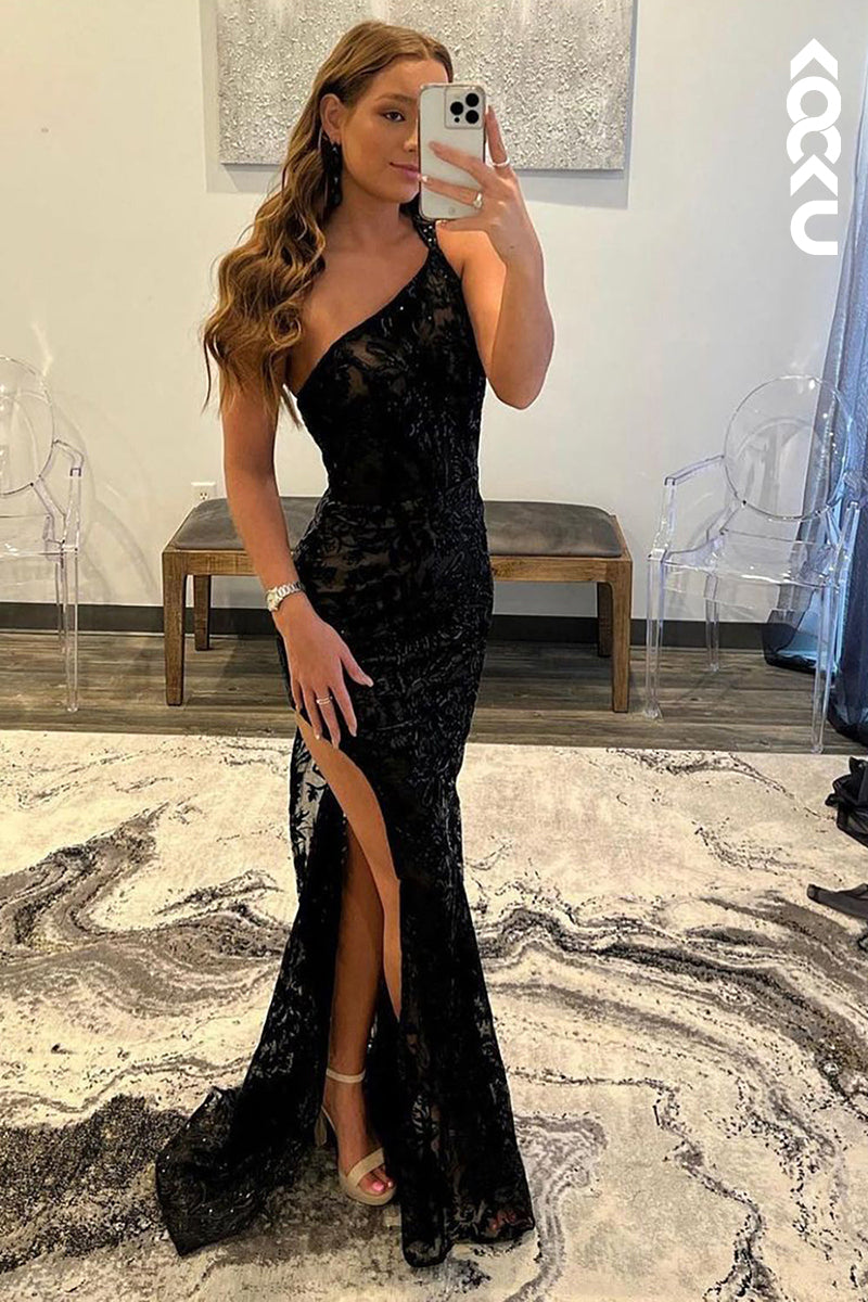 L1385 - One Shoulder Lace Beaded Sheath Long Prom Evening Dress With Slit