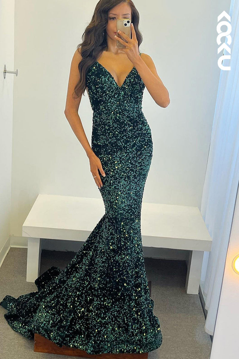 L1386 - V-Neck Backless Sequined Mermaid Long Prom Dress With Sweep Train