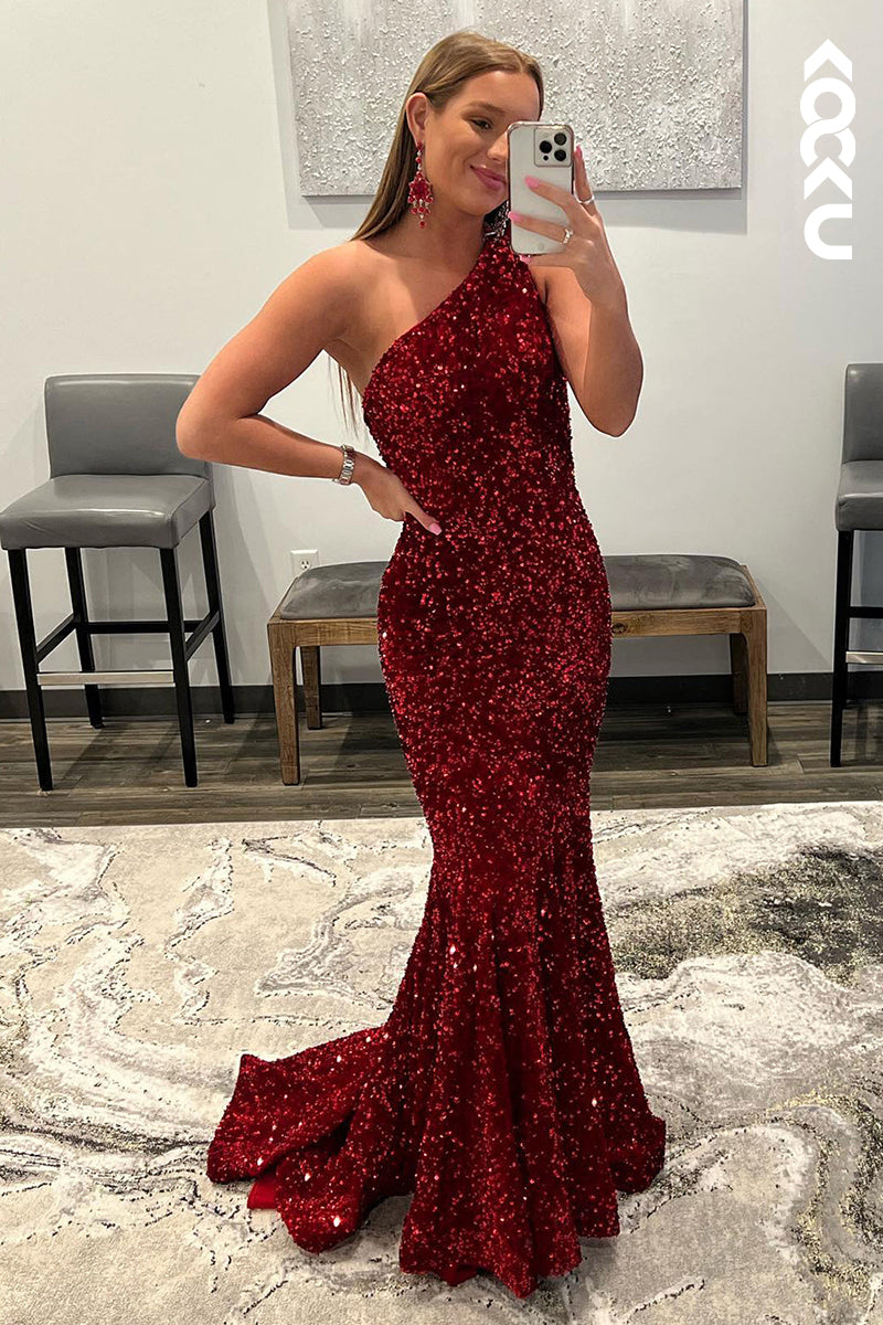 L1387 - One Shoulder Sequined Mermaid Long Prom Dress With Sweep Train