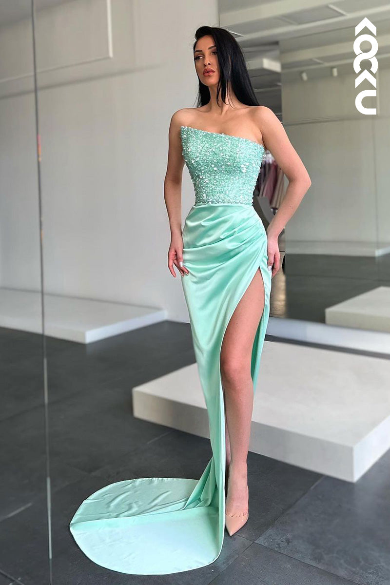 L1676 - Strapless Sequined Ruched Sheath Long Prom Gown With Slit